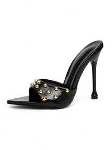 Giày sandal nữ, kiểu Pháp thanh lịch, cao gót, thời trang gợi cảm, mũi nhọn, đính đinh tán, thích hợp cho các buổi tiệc đêm, màu đen. - màu đen - Xem 4