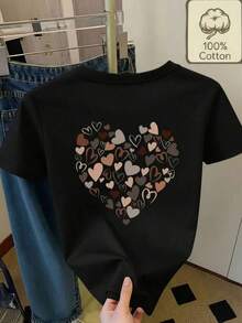 Playera para mujer estilo casual dulce estampado de corazones tela suave ajuste holgado cuello redondo manga corta primavera verano uso diario,print corazones, romantico, San valentínPure-Cotton - Negro - Ver 4
