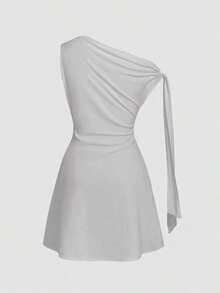 Vestido corto asimétrico elegante burdeos, diseño con lazos en hombro y pliegues en cintura, ideal para citas, fiestas y ocasiones de otoño e invierno - Gris - Ver 4