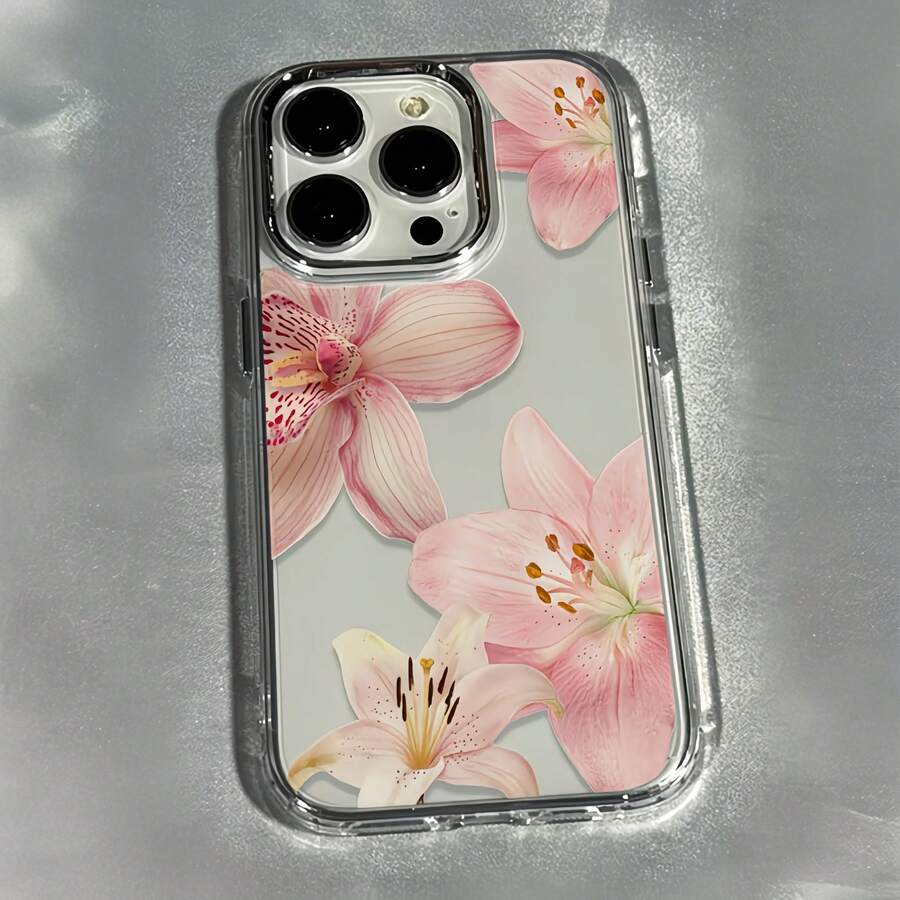 1pc Electroplated Metal Button Transparent Minimalist Personalized 4 Pink Orchid Pattern Phone Case, Suitable For IPhone 16 Pro Max, 17/16/15/14 Plus, 13/12/11, Air - Multicolor - View 1