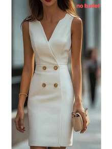Vestido elegante de unicolor y doble botonadura sin mangas para mujer, adecuado para uso en la oficina, color blanco - Blanco - Ver 2