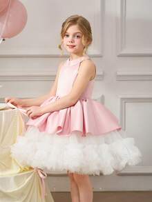 Young Girl Blue Bow Tie Mesh Dress, Elegant Little Girl Party Princess Dress, Suitable For Children's Birthday, Wedding, Flower Girl, Prom, Festival Celebration - Pink - View 6
