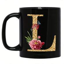 1pc Gold Letter & Floral Print Ceramic Coffee Mug, Beautiful & Practical Gift For Women, Girls, Office, Home Use - Black - View 6