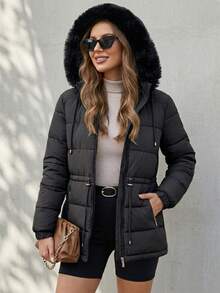 Women's Puffer Jacket With Faux Fur Lining For Winter With Hood - màu đen - Xem 5