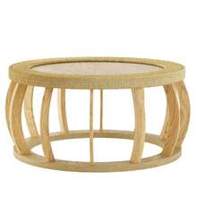 Vintage Round Coffee Table Made Of Rattan And Solid Wood, Boho Style Side Table With Curved Legs For Dining Room, Kitchen And Living Room, Natural Color. - Warna alami - View 1