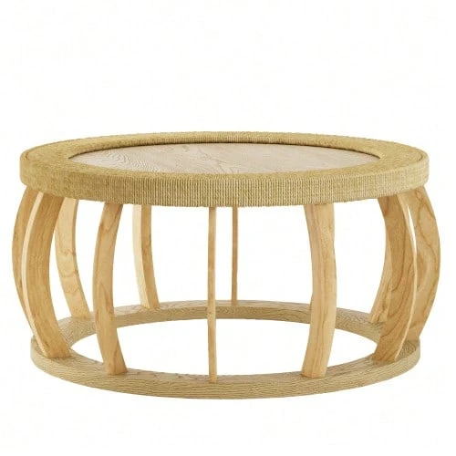 Vintage Round Coffee Table Made Of Rattan And Solid Wood, Boho Style Side Table With Curved Legs For Dining Room, Kitchen And Living Room, Natural Color. - Warna alami - View 1