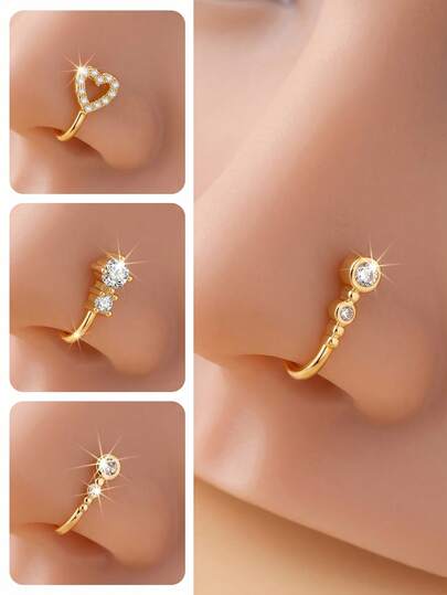 AVYRING 3Pcs Adjustable Fake Nose Cuff Set – Heart & Diamond-Shaped Cubic Zirconia Clip-On Nose Rings, No Piercing Needed, Sexy Hip Hop Fashion Accessory