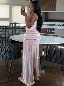 Stylish And Fresh Slip Stripe Slim Waist Pleated Skirt Dress - 條紋 - 查看 2