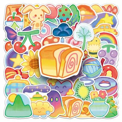 50PCS Hand Drawn Pastel Small Objects Cartoon Aesthetic Graffiti Self-Adhesive Sticker, Decorative Ledger, Skateboard, Guitar, Water Cup, Creative Decorative Graffiti Sticker