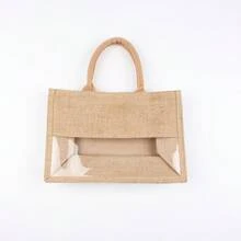 1 chiếc túi tote vải bố màu gỗ tự nhiên có cửa sổ phía trước | Túi mua sắm bằng vải lanh phong cách mộc mạc tối giản với cửa sổ trong suốt phía trước, túi tote chắc chắn, túi mua sắm, túi đựng quà, túi đựng đồ hàng ngày cho đám cưới, sinh nhật, sử dụng hàng ngày - Xem 7