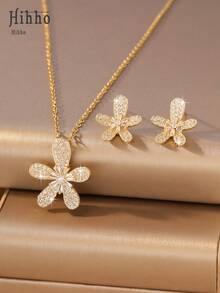 Hihho 3pcs/Set Spring Romantic Cubic Zirconia 5-Petal Flower Jewelry Set: Necklace + Earrings, Floral Design Elegant And Versatile For Daily, Dating, And Gathering Occasions - Five-petal Flower - View 3