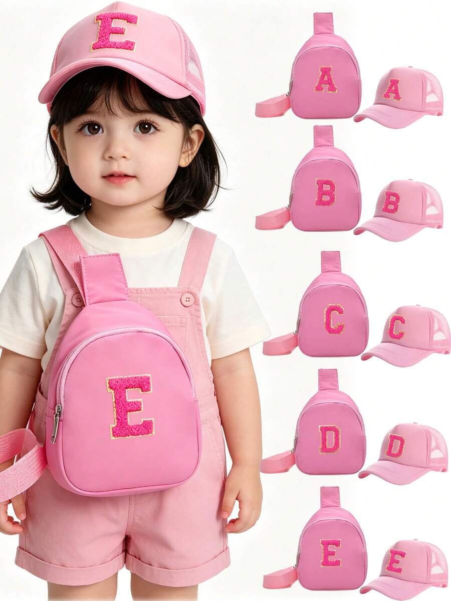 2件套 A-Z 字母可爱粉色刺绣帽子和包包套装，少女网眼棒球帽+斜挎包，街头风儿童轻便防晒帽休闲包女孩户外旅行日常穿着 - 粉色 - 查看 1
