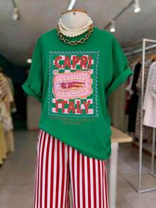 女士休闲度假圆领T恤，舒适透气面料，适合春夏出行，宽松版型，修身显瘦，是度假旅行的理想之选。 - 墨綠色 - 查看 1