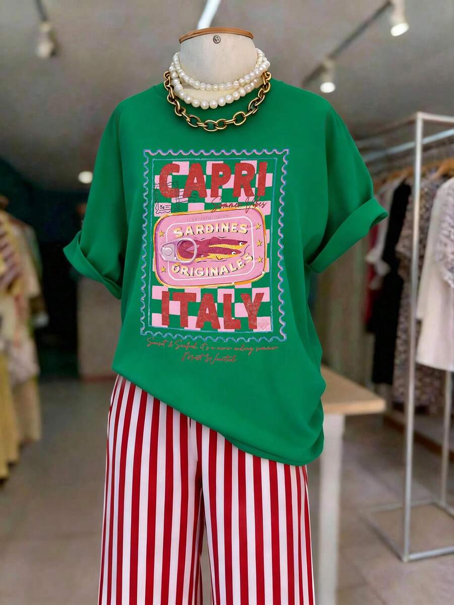 女士休闲度假圆领T恤,舒适透气面料,适合春夏出行,宽松版型,修身显瘦,是度假旅行的理想之选。 - 墨綠色 - 查看 1