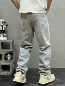 Plus Size Men's Personalized Crochet Denim Jeans - Champagne - View 2