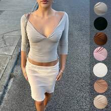 2026 Womens Multi-Color V-Neck 3/4 Sleeve Fitted Top Ruched Bust Casual & Date Night Blouse - màu nâu - Xem 2
