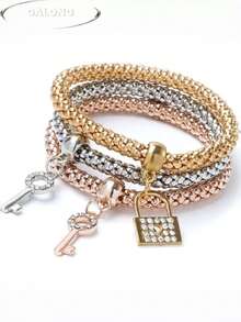 Conjunto de pulsera con dije de llave con rhinestones de moda, conjunto de pulsera elástica de cuentas de maíz de 3 colores de aleación, joyería de verano - Multicolor - Ver 5