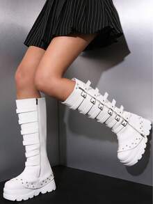 Botas altas de mujer con estilo Y2K, de metal negro, estilo punk, combinación de plataforma alta, botines hasta la rodilla con cremallera y hebilla, leggings, botas de estilo navideño y de Halloween - Blanco - Ver 5