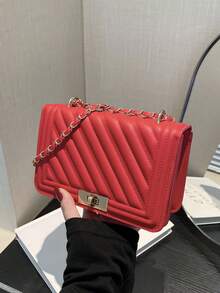 Hevel, nueva bolsa de hombro mini de moda de unicolor con relieve de PU, bolso bandolera de calle, bolso cuadrado pequeño minimalista de mujer con cadena - Rojo - Ver 2