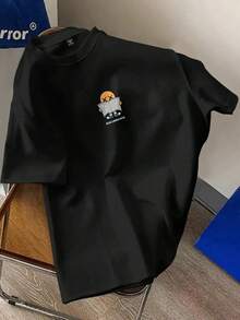Cute Cartoon Print Off-Shoulder Short-Sleeved T-Shirt, Suitable For Casual Wear. - 黑色的 - 查看 1