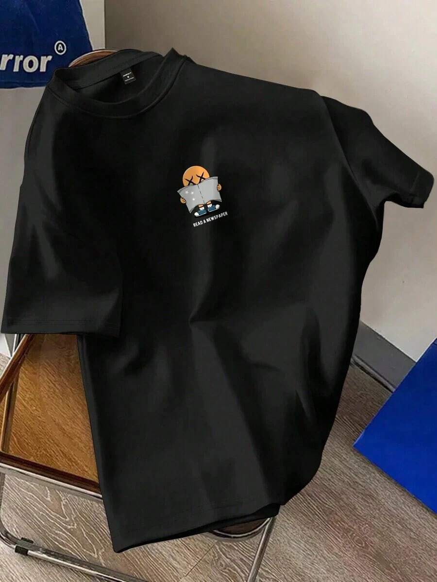 Cute Cartoon Print Off-Shoulder Short-Sleeved T-Shirt, Suitable For Casual Wear. - 黑色的 - 查看 1