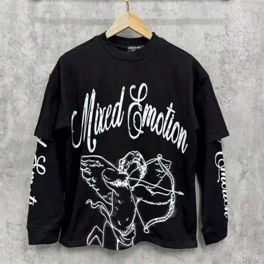 2026 MIXED EMOTION Long Sleeve T-Shirt Men Women High Street Full Print 100% Cotton Crewneck Hip Hop Oversized Tops Tops Hoodies Summer Clothes Western Outfits For Women Summer Outfits For Women Jackets Sweater Jackets For Women - 圖8 - 查看 1