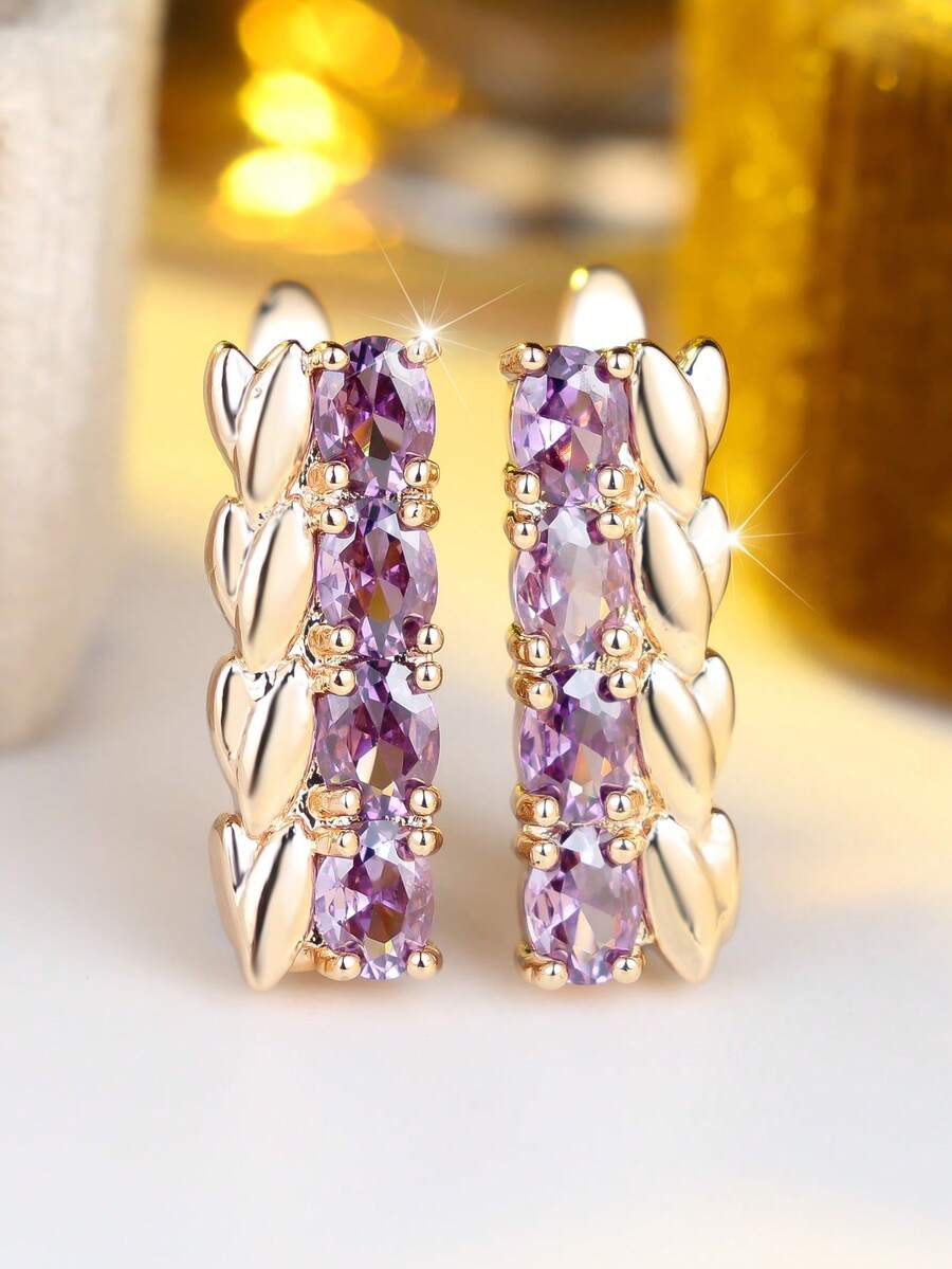 Pendientes tipo aro con hoja de CZ morada, pendientes tipo aro delicados chapados en oro, perfectos para fiesta/cita/uso diario, joyería de moda - Morado - Ver 1
