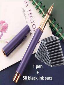 1 penna + 50 st. refillpatroner, matt metallreservoarpenna, mjuk skrift, lämplig för skolan, kontoret, present, kompatibel med 3,4 mm bläckpatroner - 51-delat set - Visa 17