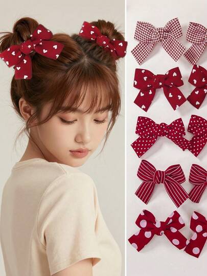 Bộ 5 chiếc kẹp tóc nơ bằng vải in hình kẻ caro đỏ, trái tim và chấm bi dễ thương dành cho bé gái, phụ kiện tóc dùng hàng ngày.