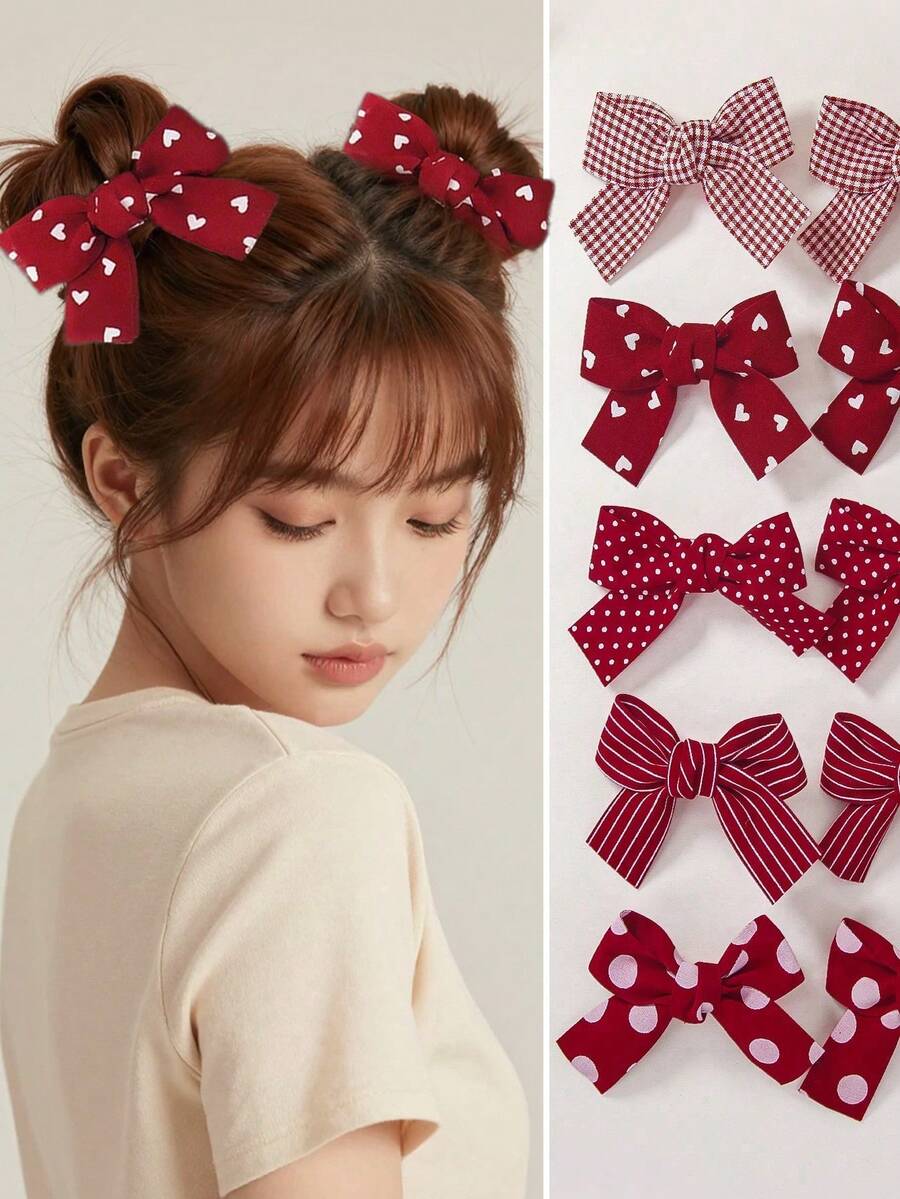 5pcs/Set Girls' Red Plaid, Heart, Polka Dot Print Fabric Bow Cute Hair Clips, Hair Accessories For Daily Use - Red - View 1