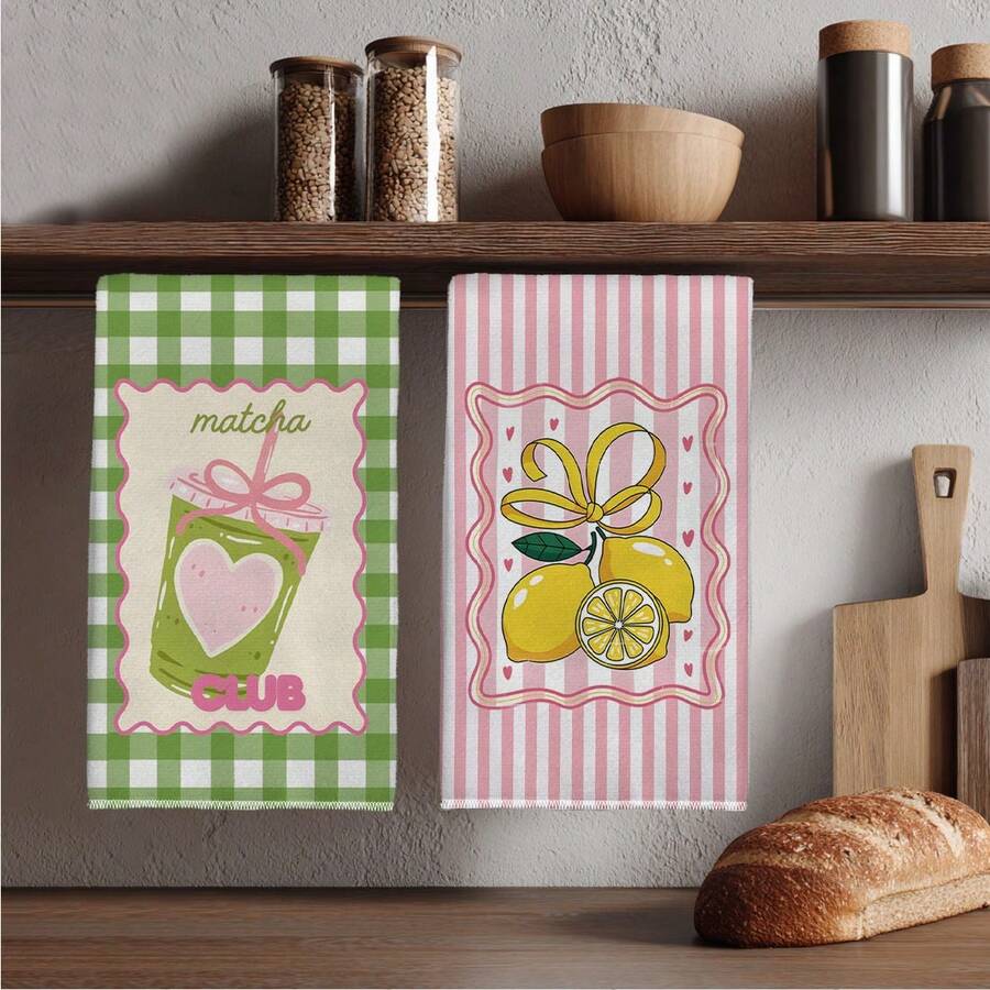 2pcs Green Plaid, Pink Stripe, Lemon Print Kitchen Towels, 40*60cm Super Soft Microfiber Dish Cloths, Farmhouse Style Decor, Housewarming Gift, Suitable For Kitchen And Bathroom - Green - View 1