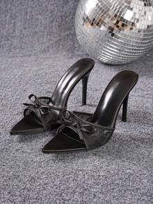 Sexy Mode schwarze Schleife Ausschnitt spitz zulaufende Zehenkappe High Heel Mule Sandalen, geeignet für Party, alle Jahreszeiten - Schwarz - Übersicht 6