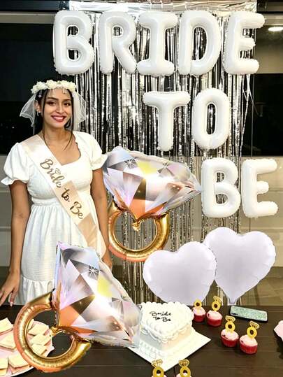 13个16英寸“BRIDE TO BE”字母铝箔气球、大型钻石戒指形状气球和18英寸心形铝箔气球套装，适用于婚礼订婚、求婚、周年纪念、惊喜派对装饰