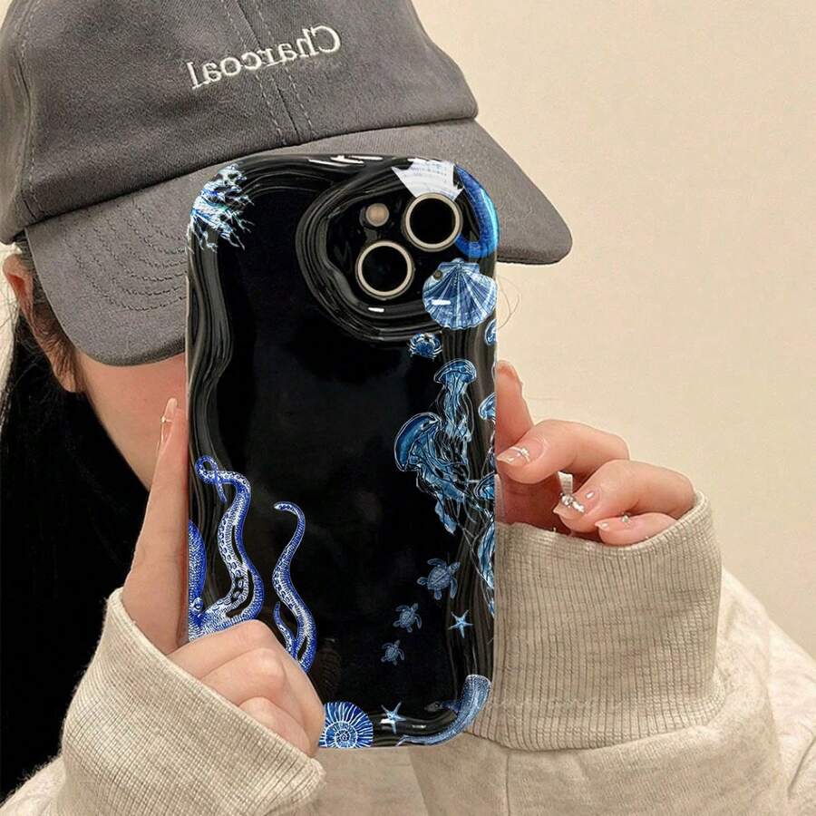 1 unidad Fauna marina azul estilo grabado Funda para iPhone 15 pro max, material suave TPU, diseño de borde ondulado crema elegante y moderno, protección completa de cámara antigolpes, resistente a rasgos y desgaste diario, ventilada y disipadora de calor sin calentamiento, antipolvo y resistente a la suciedad, funda ideal para uso diario, desplazamientos y viajes - Negro - Ver 1