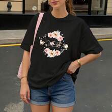 Camiseta negra con estampado floral y texto para mujer estilo casual verano - Negro - Ver 3