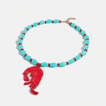 1pc New Beach Vacation Style Blue-Green Beaded Red Lobster Pendant Necklace, Suitable For Women To Wear On Vacation - Red - View 6