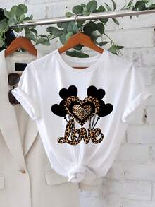 Camiseta Blanca con Estampado de Leopardo y Corazones Love para Mujer Casual - Blanco - Ver 2