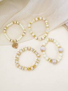 4pcs Heart Shaped Pendant Beaded Bracelet Set, Valentine's Day & Mother's Day Gift - Multicolor - View 4