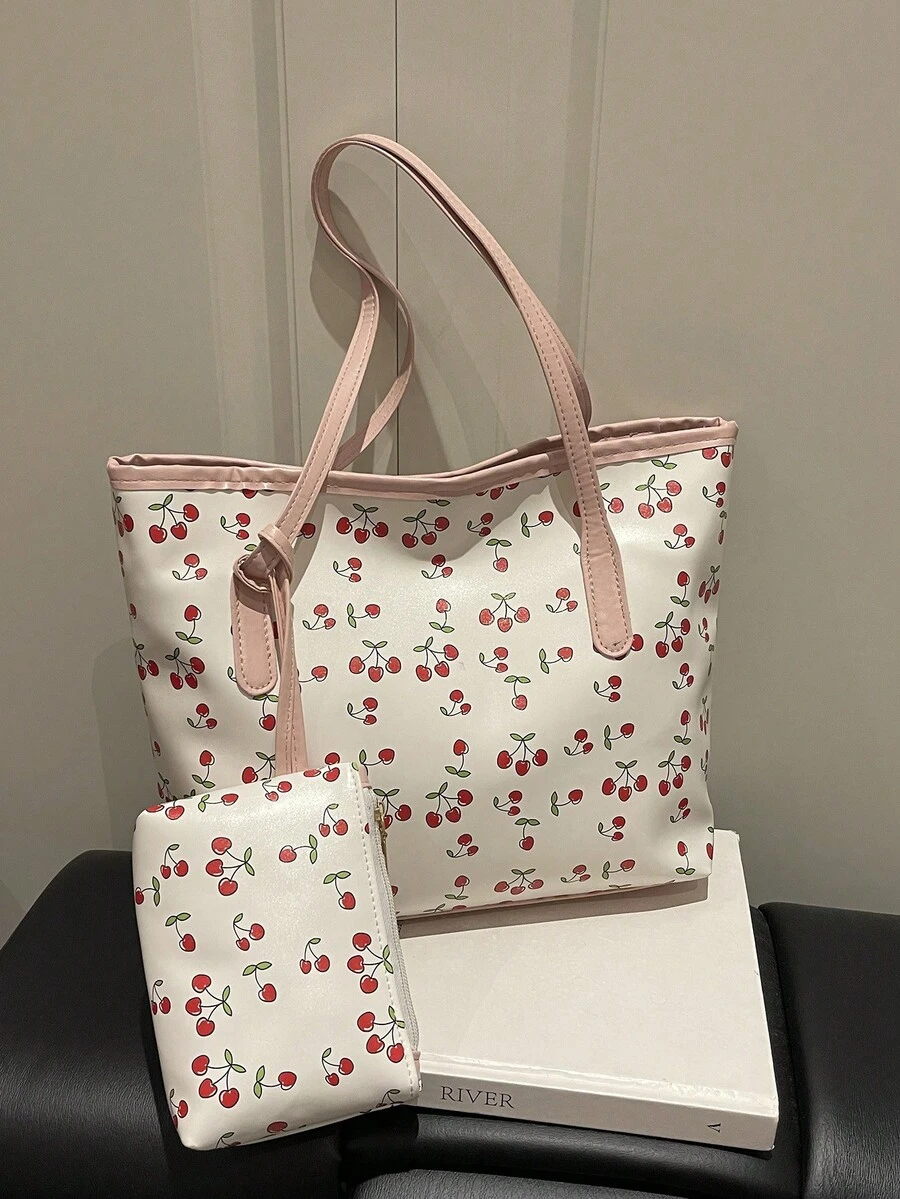 2026 Nuova moda Borsa a tracolla casual da donna con grande capacità, stampa a ciliegie e farfalle con fiocco - Rosa - Visualizzare 1