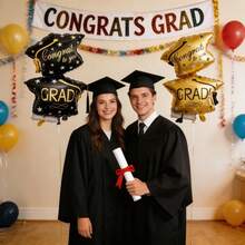 2pcs 32.28inch Black & Gold Graduation Cap Set, Suitable For Graduation Celebration Events, Graduation Theme Parties, Birthday Parties, Campus Parties, Graduation Theme Party Decorations - View 1