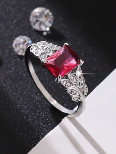 1 pieza Anillo cuadrado rojo brillante de circonita cúbica clásico para mujer, adecuado para uso diario y fiestas, perfecto como regalo de aniversario o Día de San Valentín