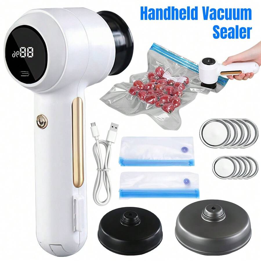 Handheld Vacuum Sealer USB Rechargeable, Mini Portable Food Vacuum Pump With LCD Display Electric Air Sealer For Kitchen Food Preservation - White - View 1
