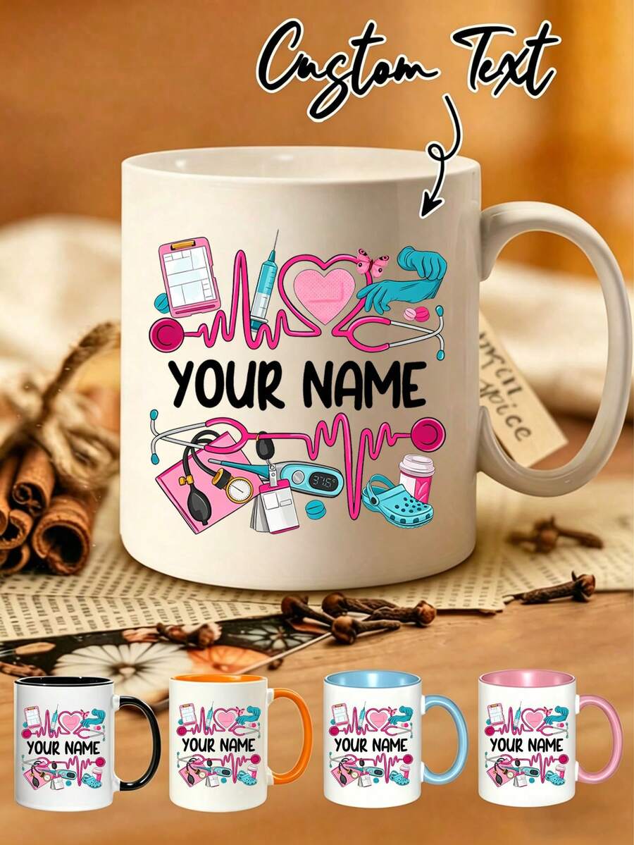 Personalized Coffee Mug With Customizable Text, Medical Themed Ceramic Cup With Stethoscope And Medication Patterns, 11oz Cup For Nurses And Doctors, Graduation Gift And Kitchen Essential, Appreciation Gift, Nurse Week Gift - Multicolor - View 1