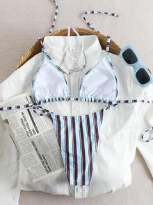 Bộ bikini mùa hè mới 2026, bộ bikini nữ kẻ sọc co giãn cao, hở lưng, buộc dây cổ, kèm quần lọt khe, đồ bơi dễ thương buộc dây phía sau, thích hợp cho kỳ nghỉ biển. - Nhiều màu - Xem 3