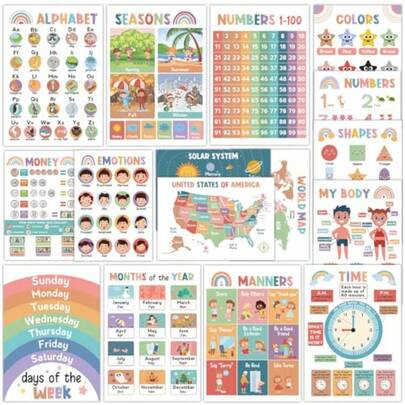16Pcs Educational Posters For Toddlers 1-3 Learning Posters For Toddlers 1-3 ABC Poster For Ages 3-5 Preschool Posters 1 2 3 Year Old Kindergarten Homeschool Classroom Must Haves Wall Decor