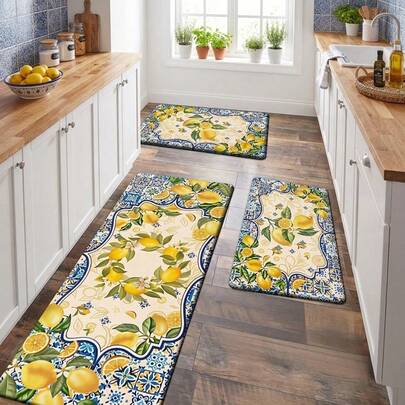 Lemon Pattern Tile Design Kitchen Rugs Set Non-Slip Backing Floor Mats Absorbent Comfortable Area Rugs For Kitchen Entryway Bathroom Living Room Bedroom Dining Room Laundry Room Spring Summer Home Decor