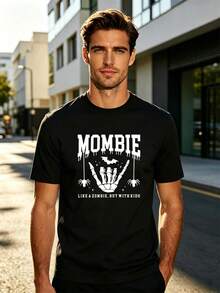2026 Women's Shirts, MOMBIE Men's Halloween Skeleton, Bat And Spider Hand Print Short Sleeve T-Shirt, Funny Casual T-Shirt With The Phrase "Like A Zombie But - 黑色 - 查看 2