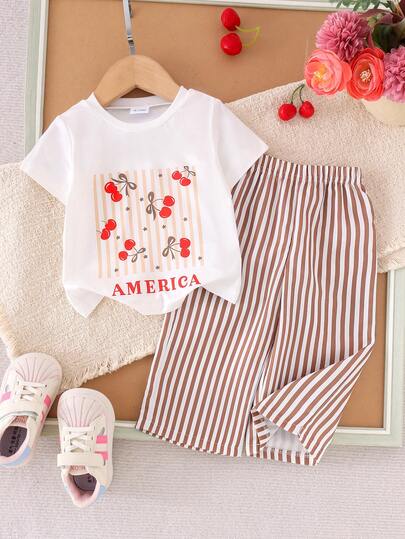 2pcs Baby Girls' Casual Cute Cherry Stripe, Star & Letter Print Pattern + Elastic Waist Striped Straight Pants Set, Summer