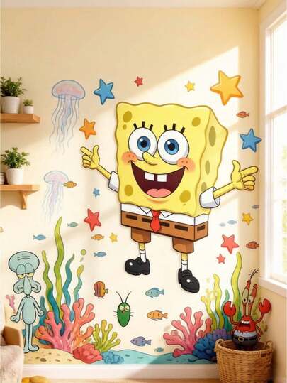 SpongeBob SquarePants Cartoon Character Wall Sticker Decor Set, Including Classic Cartoon Figures Such As Squidward, Sandy, And Gary. Vibrant Colors, Random Pattern Design, Exquisite Wall Decor. Suitable For Office, Bedroom, And Various Scenes Decoration Or Collection, Medium Size.