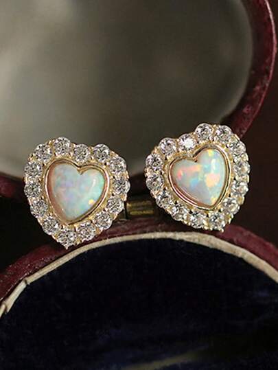 1 Pair Cute Cubic Zirconia Heart Stud Earrings, Suitable For Daily Wear, Party Decoration, Birthday Gift For Teenage Girls